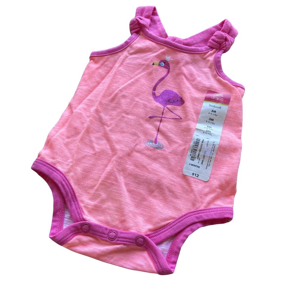 Okie Dokie Girls Bodysuit Sz 3 Mo Pink Orange Glittery Flamingo Knot Back NEW